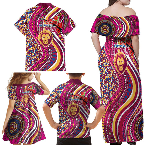 Brisbane Lions ANZAC Day Family Matching Off Shoulder Maxi Dress and Hawaiian Shirt Indigenous Poppy Remembrance Lion Warrior