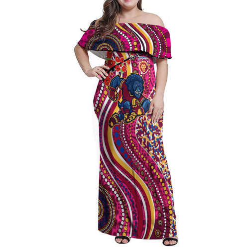 Brisbane Lions ANZAC Day Family Matching Off Shoulder Maxi Dress and Hawaiian Shirt Indigenous Poppy Remembrance Lion Warrior