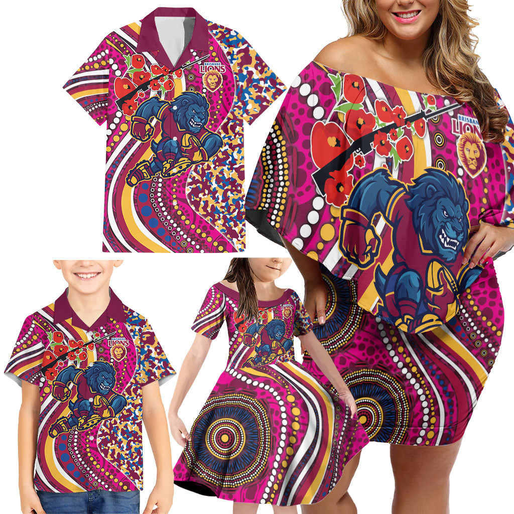 Brisbane Lions ANZAC Day Family Matching Off Shoulder Short Dress and Hawaiian Shirt Indigenous Poppy Remembrance Lion Warrior