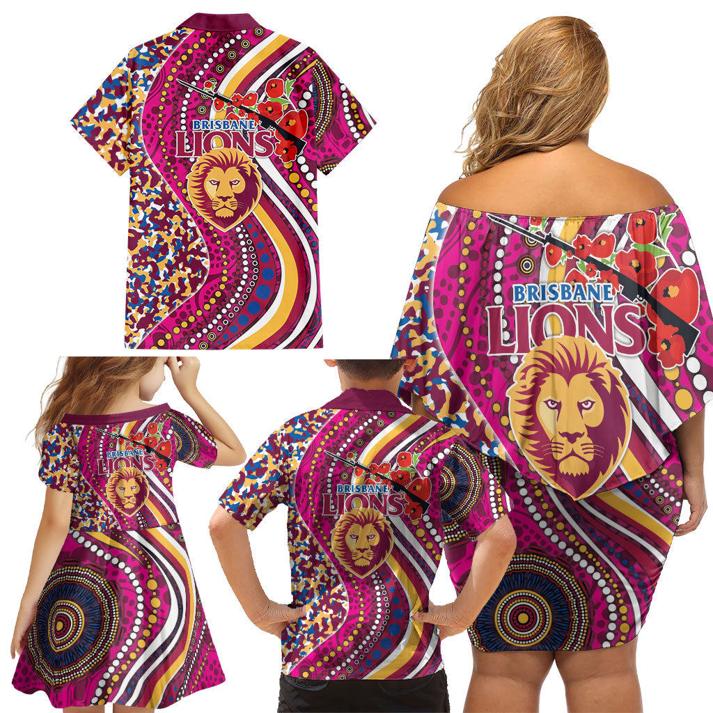 Brisbane Lions ANZAC Day Family Matching Off Shoulder Short Dress and Hawaiian Shirt Indigenous Poppy Remembrance Lion Warrior