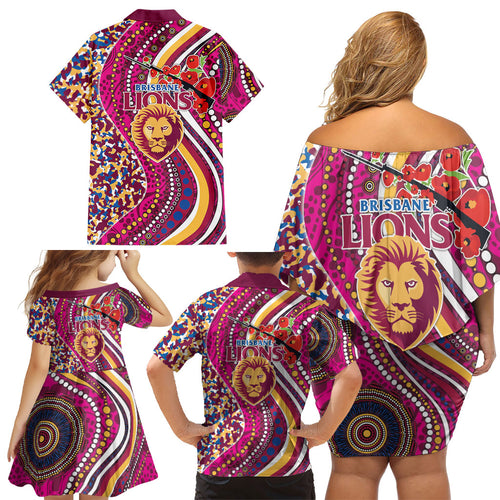 Brisbane Lions ANZAC Day Family Matching Off Shoulder Short Dress and Hawaiian Shirt Indigenous Poppy Remembrance Lion Warrior