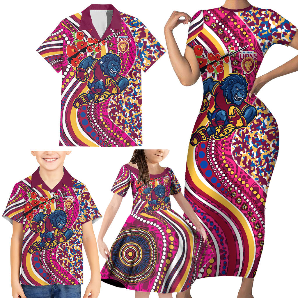 Brisbane Lions ANZAC Day Family Matching Short Sleeve Bodycon Dress and Hawaiian Shirt Indigenous Poppy Remembrance Lion Warrior