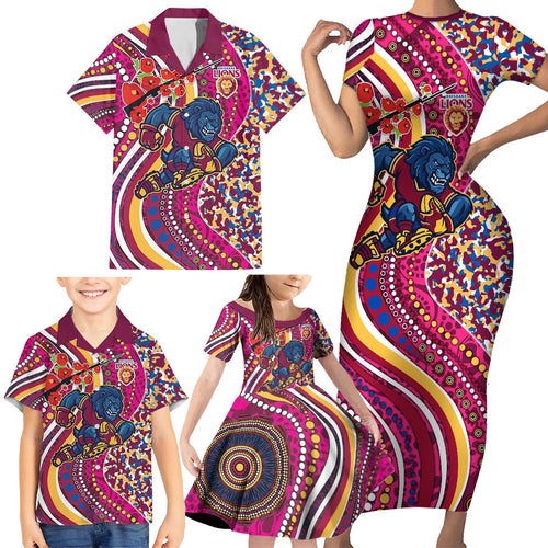 Brisbane Lions ANZAC Day Family Matching Short Sleeve Bodycon Dress and Hawaiian Shirt Indigenous Poppy Remembrance Lion Warrior