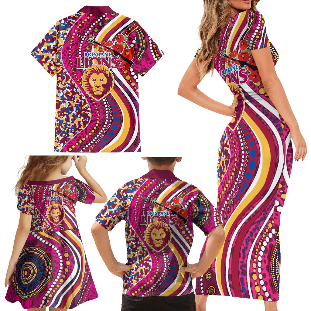 Brisbane Lions ANZAC Day Family Matching Short Sleeve Bodycon Dress and Hawaiian Shirt Indigenous Poppy Remembrance Lion Warrior