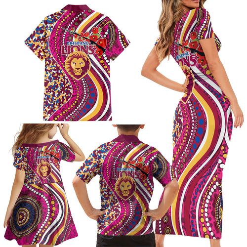 Brisbane Lions ANZAC Day Family Matching Short Sleeve Bodycon Dress and Hawaiian Shirt Indigenous Poppy Remembrance Lion Warrior