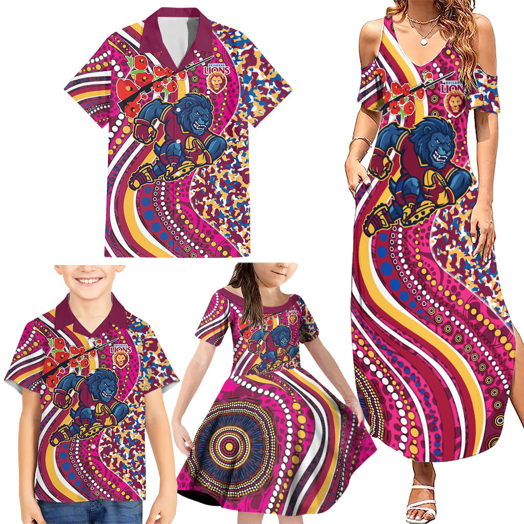 Brisbane Lions ANZAC Day Family Matching Summer Maxi Dress and Hawaiian Shirt Indigenous Poppy Remembrance Lion Warrior