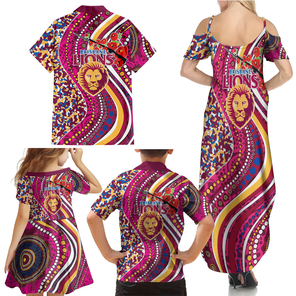 Brisbane Lions ANZAC Day Family Matching Summer Maxi Dress and Hawaiian Shirt Indigenous Poppy Remembrance Lion Warrior