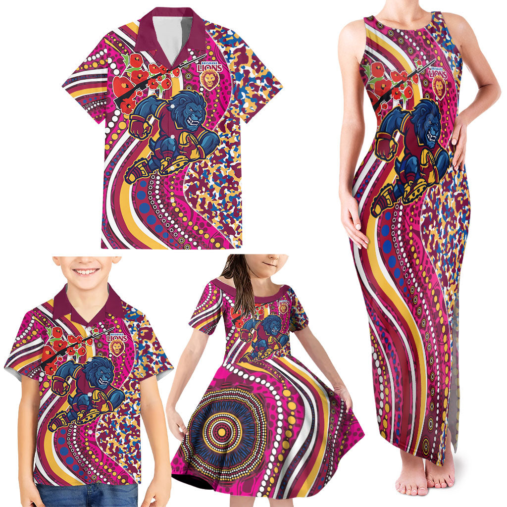 Brisbane Lions ANZAC Day Family Matching Tank Maxi Dress and Hawaiian Shirt Indigenous Poppy Remembrance Lion Warrior