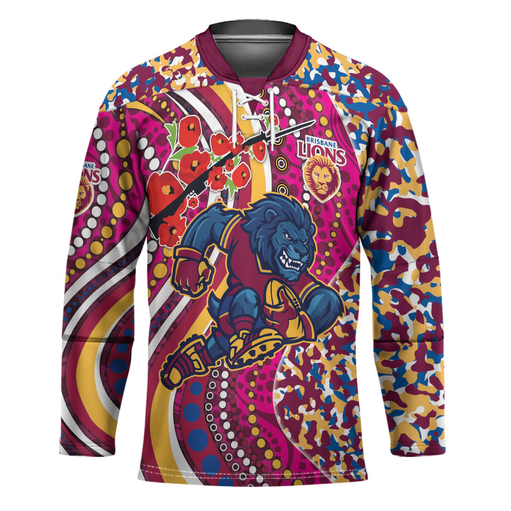 Brisbane Lions ANZAC Day Hockey Jersey Indigenous Poppy Remembrance Lion Warrior