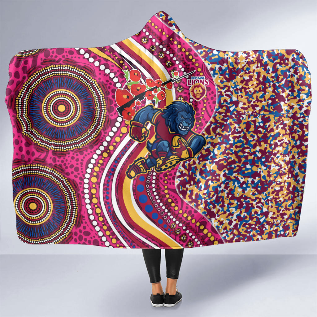 Brisbane Lions ANZAC Day Hooded Blanket Indigenous Poppy Remembrance Lion Warrior