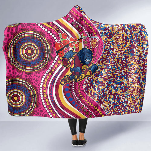 Brisbane Lions ANZAC Day Hooded Blanket Indigenous Poppy Remembrance Lion Warrior