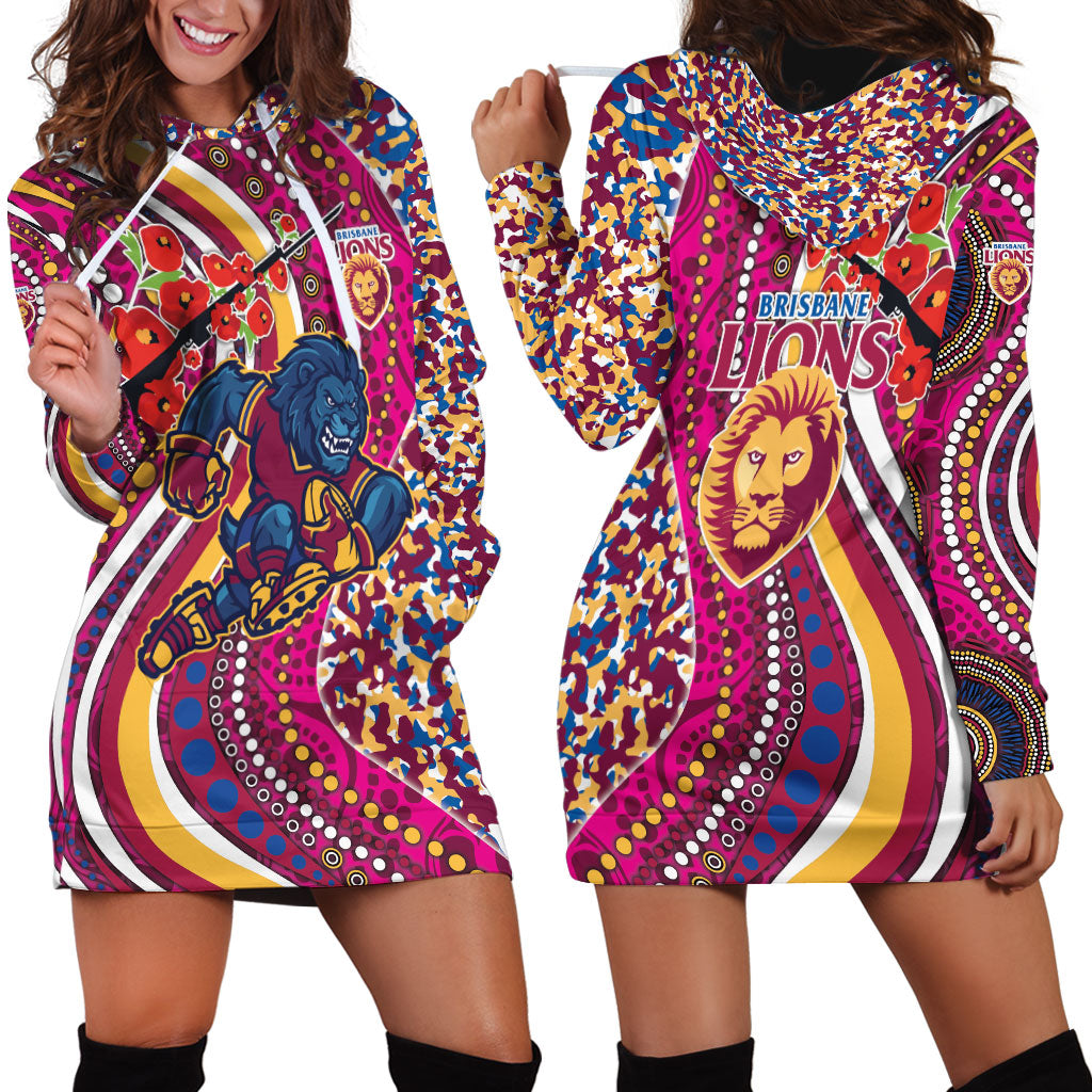 Brisbane Lions ANZAC Day Hoodie Dress Indigenous Poppy Remembrance Lion Warrior