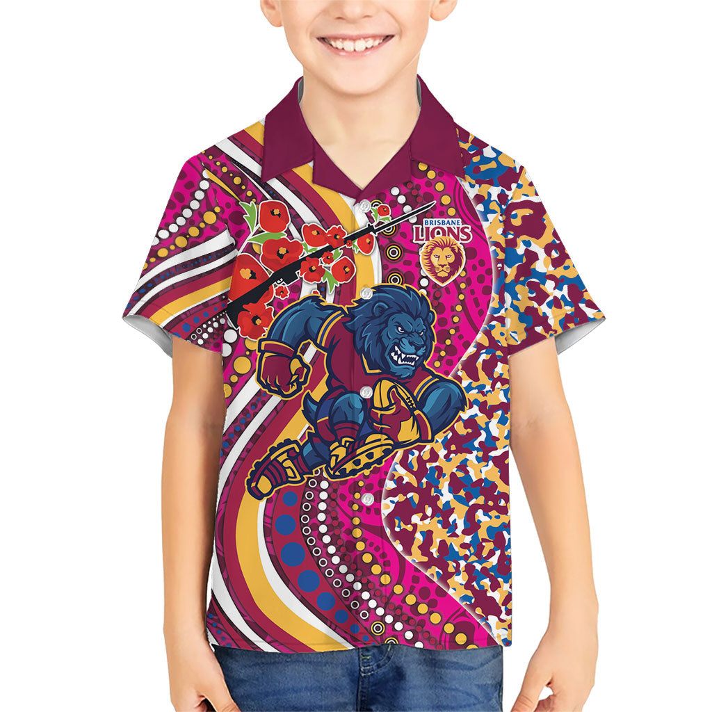 Brisbane Lions ANZAC Day Kid Hawaiian Shirt Indigenous Poppy Remembrance Lion Warrior