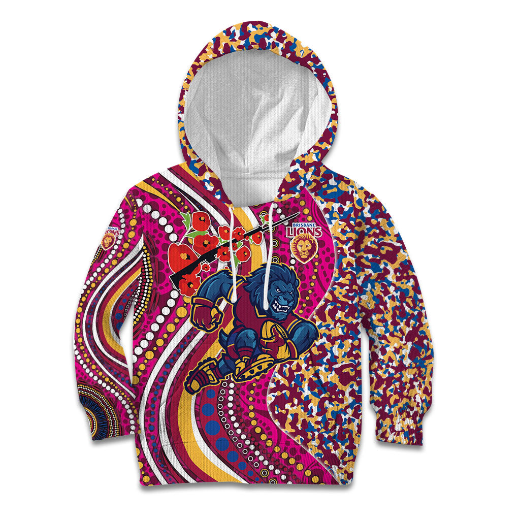 Brisbane Lions ANZAC Day Kid Hoodie Indigenous Poppy Remembrance Lion Warrior