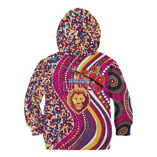 Brisbane Lions ANZAC Day Kid Hoodie Indigenous Poppy Remembrance Lion Warrior