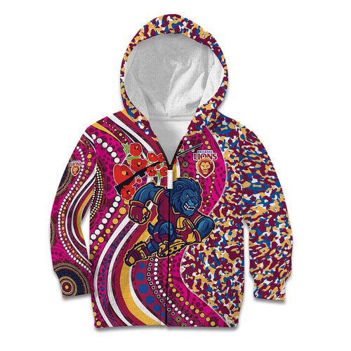 Brisbane Lions ANZAC Day Kid Hoodie Indigenous Poppy Remembrance Lion Warrior