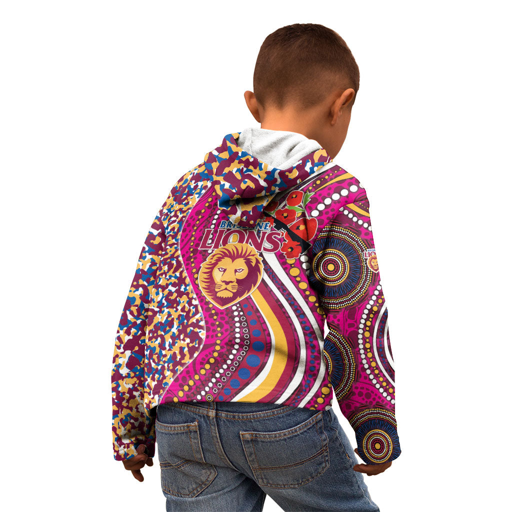 Brisbane Lions ANZAC Day Kid Hoodie Indigenous Poppy Remembrance Lion Warrior