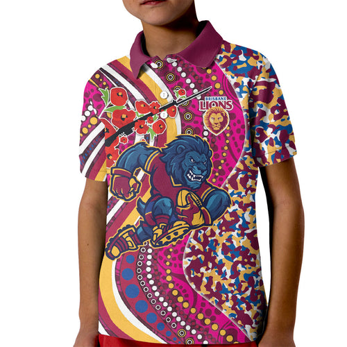 Brisbane Lions ANZAC Day Kid Polo Shirt Indigenous Poppy Remembrance Lion Warrior