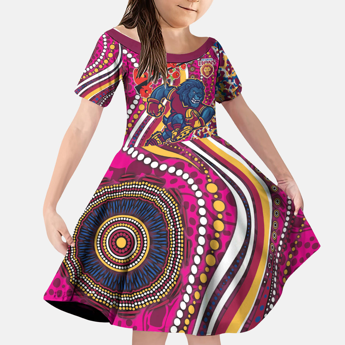 Brisbane Lions ANZAC Day Kid Short Sleeve Dress Indigenous Poppy Remembrance Lion Warrior