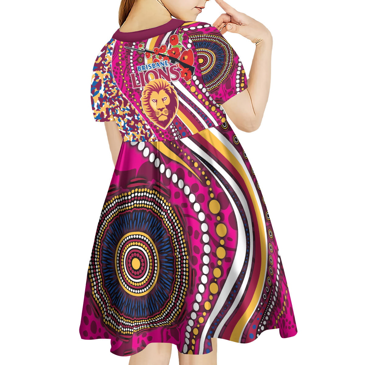 Brisbane Lions ANZAC Day Kid Short Sleeve Dress Indigenous Poppy Remembrance Lion Warrior