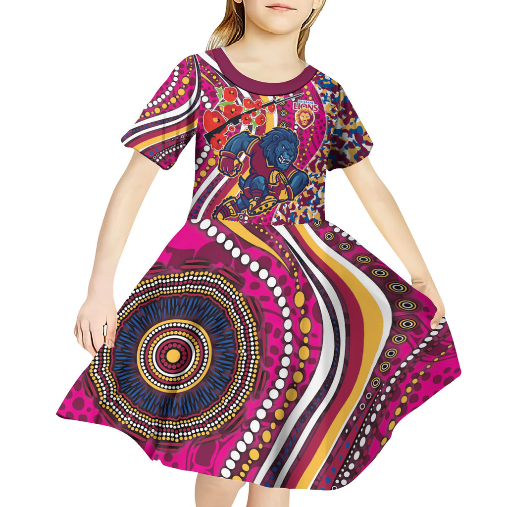 Brisbane Lions ANZAC Day Kid Short Sleeve Dress Indigenous Poppy Remembrance Lion Warrior