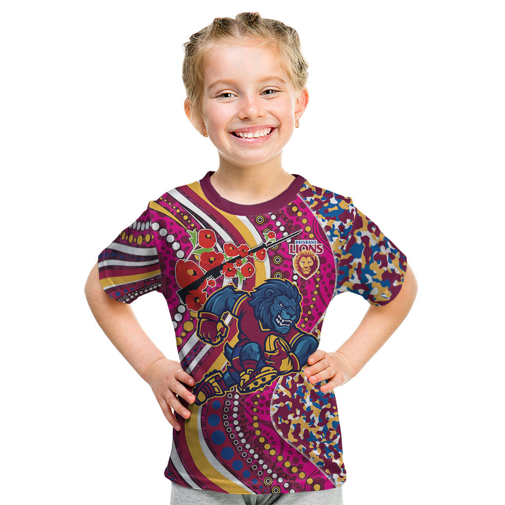 Brisbane Lions ANZAC Day Kid T Shirt Indigenous Poppy Remembrance Lion Warrior