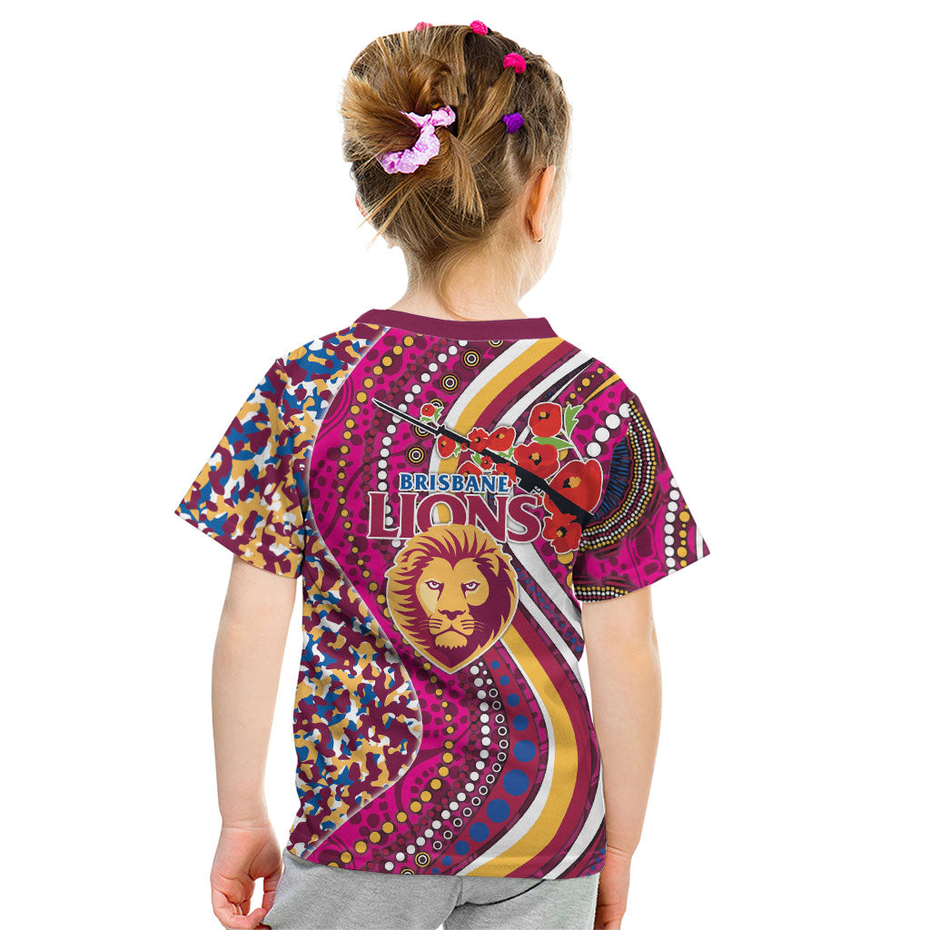 Brisbane Lions ANZAC Day Kid T Shirt Indigenous Poppy Remembrance Lion Warrior
