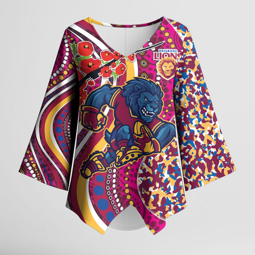 Brisbane Lions ANZAC Day Kimono Sleeve Blouse Indigenous Poppy Remembrance Lion Warrior