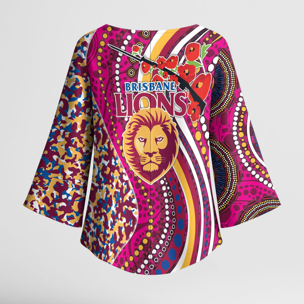 Brisbane Lions ANZAC Day Kimono Sleeve Blouse Indigenous Poppy Remembrance Lion Warrior