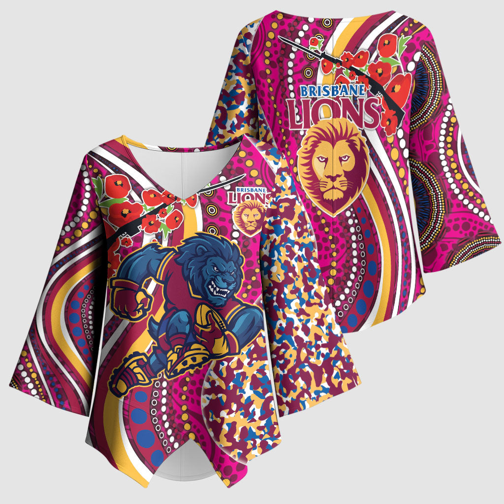 Brisbane Lions ANZAC Day Kimono Sleeve Blouse Indigenous Poppy Remembrance Lion Warrior