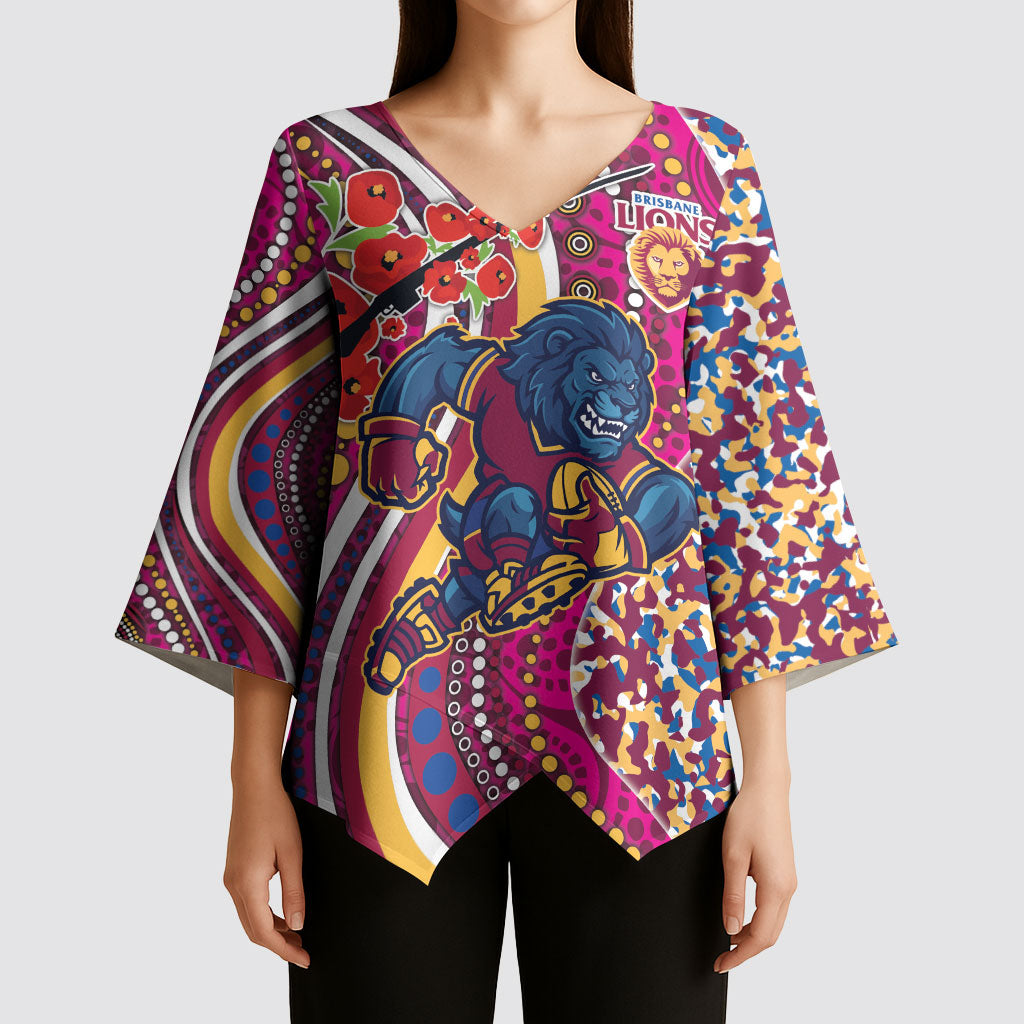 Brisbane Lions ANZAC Day Kimono Sleeve Blouse Indigenous Poppy Remembrance Lion Warrior