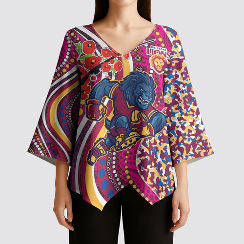 Brisbane Lions ANZAC Day Kimono Sleeve Blouse Indigenous Poppy Remembrance Lion Warrior