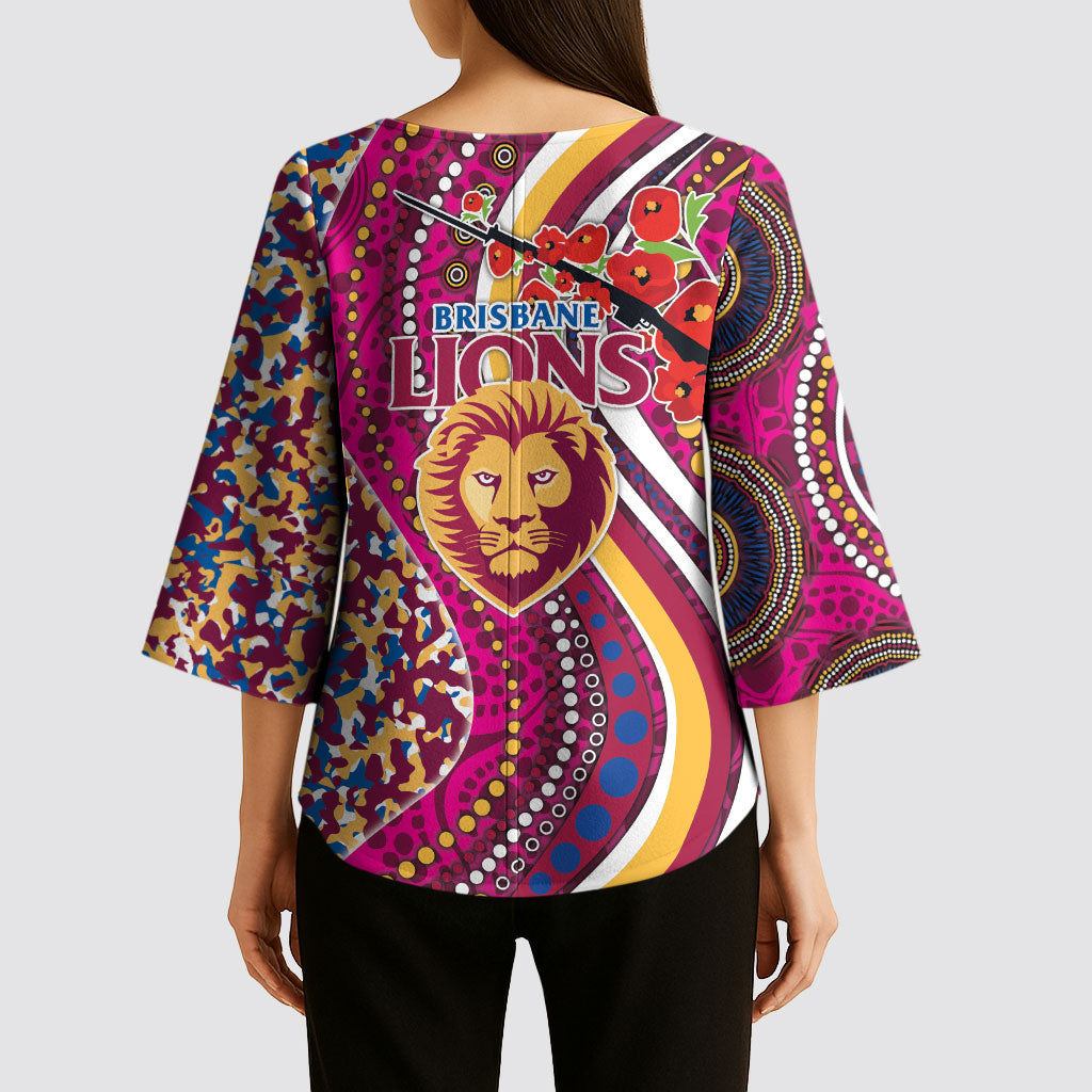 Brisbane Lions ANZAC Day Kimono Sleeve Blouse Indigenous Poppy Remembrance Lion Warrior