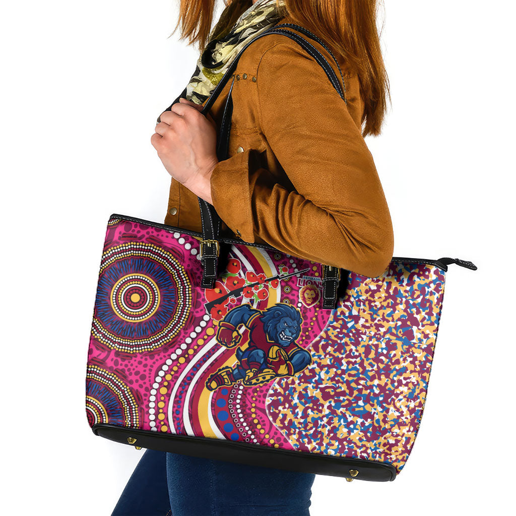 Brisbane Lions ANZAC Day Leather Tote Bag Indigenous Poppy Remembrance Lion Warrior