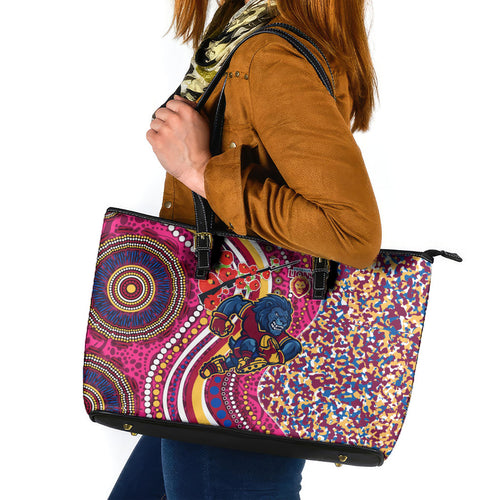 Brisbane Lions ANZAC Day Leather Tote Bag Indigenous Poppy Remembrance Lion Warrior