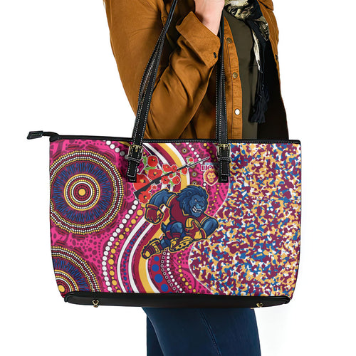 Brisbane Lions ANZAC Day Leather Tote Bag Indigenous Poppy Remembrance Lion Warrior