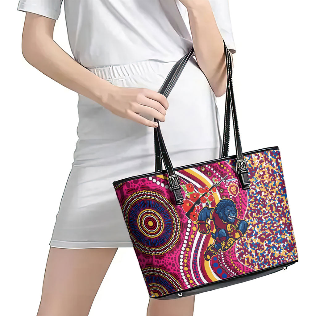 Brisbane Lions ANZAC Day Leather Tote Bag Indigenous Poppy Remembrance Lion Warrior