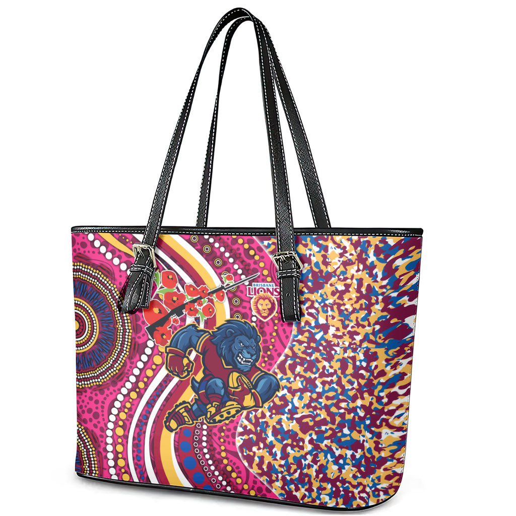 Brisbane Lions ANZAC Day Leather Tote Bag Indigenous Poppy Remembrance Lion Warrior