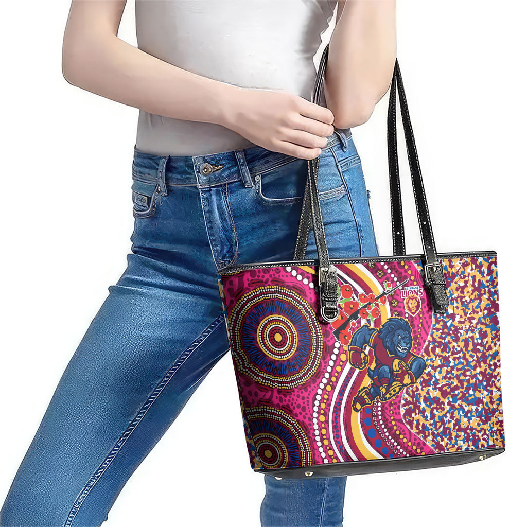 Brisbane Lions ANZAC Day Leather Tote Bag Indigenous Poppy Remembrance Lion Warrior