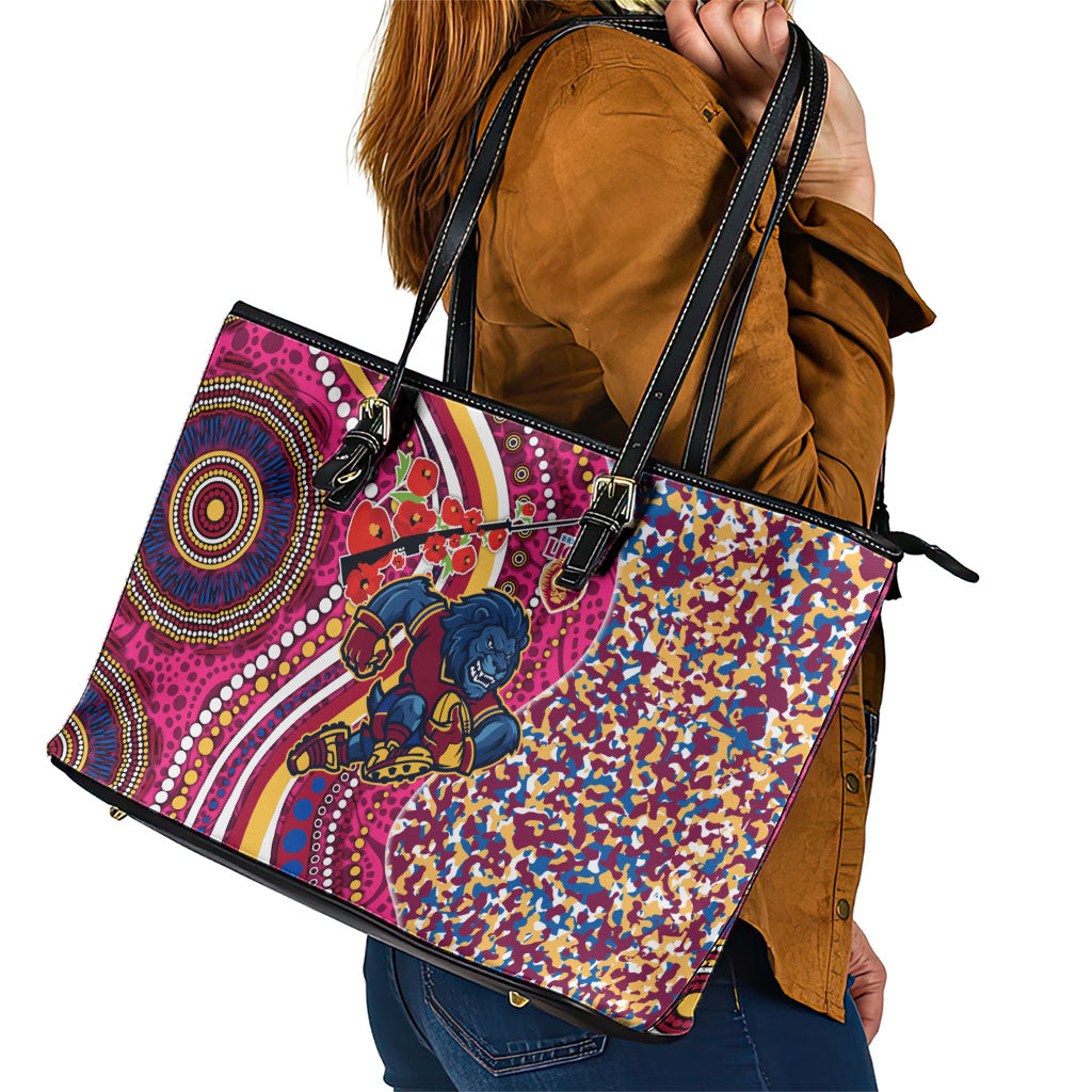 Brisbane Lions ANZAC Day Leather Tote Bag Indigenous Poppy Remembrance Lion Warrior