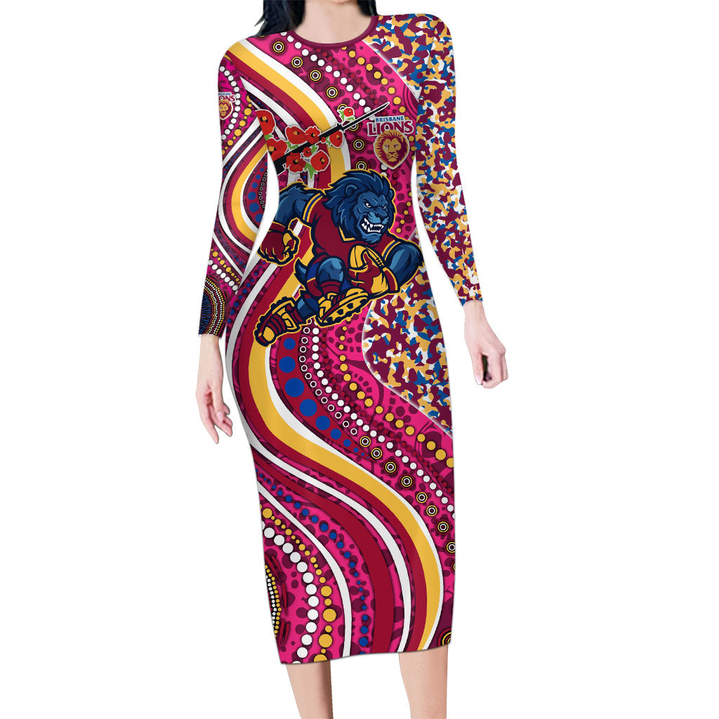 Brisbane Lions ANZAC Day Long Sleeve Bodycon Dress Indigenous Poppy Remembrance Lion Warrior