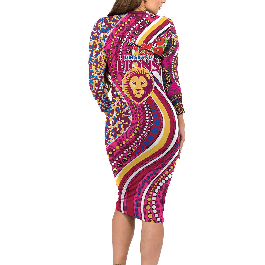 Brisbane Lions ANZAC Day Long Sleeve Bodycon Dress Indigenous Poppy Remembrance Lion Warrior