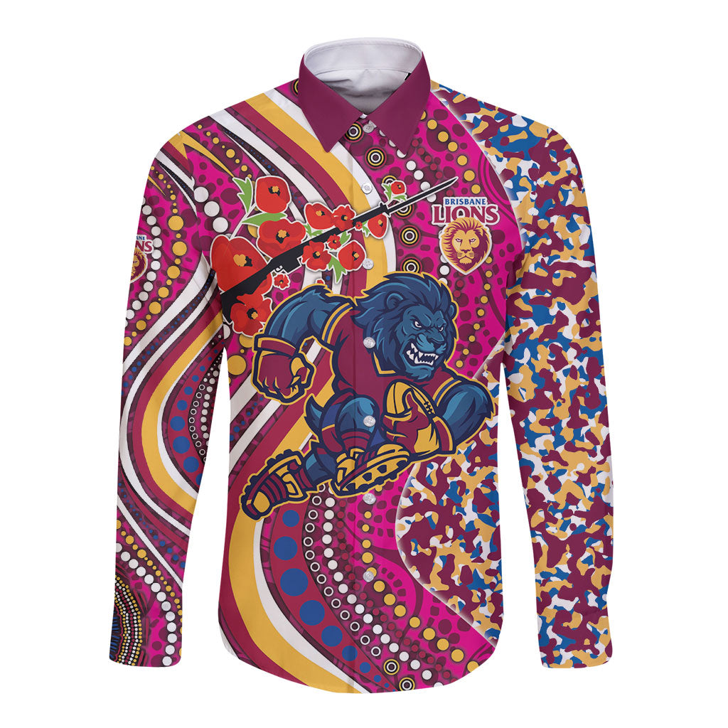 Brisbane Lions ANZAC Day Long Sleeve Button Shirt Indigenous Poppy Remembrance Lion Warrior