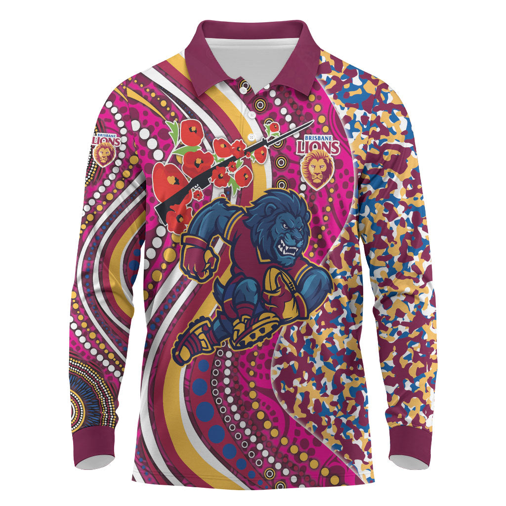 Brisbane Lions ANZAC Day Long Sleeve Polo Shirt Indigenous Poppy Remembrance Lion Warrior