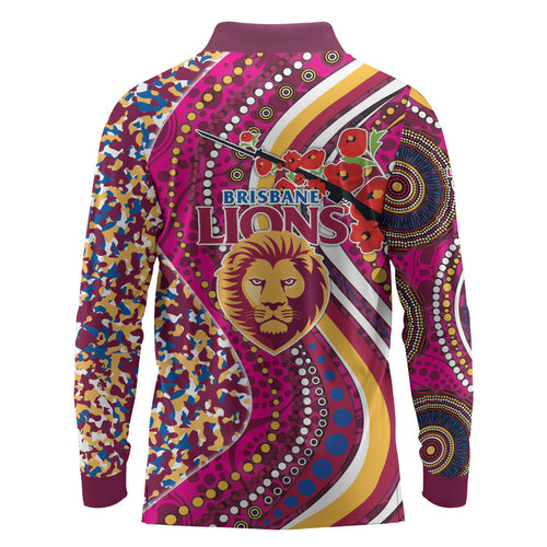Brisbane Lions ANZAC Day Long Sleeve Polo Shirt Indigenous Poppy Remembrance Lion Warrior