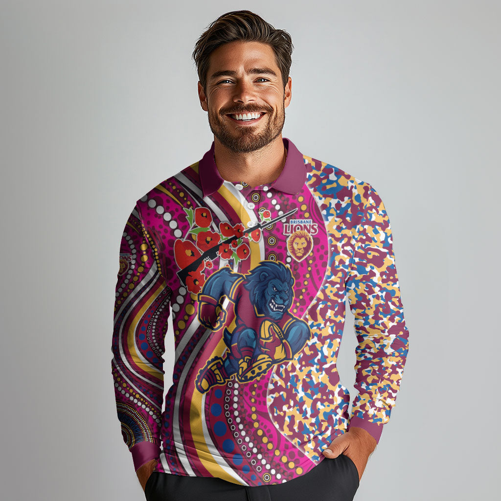 Brisbane Lions ANZAC Day Long Sleeve Polo Shirt Indigenous Poppy Remembrance Lion Warrior