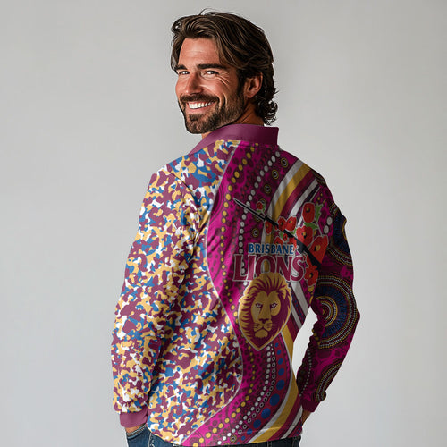 Brisbane Lions ANZAC Day Long Sleeve Polo Shirt Indigenous Poppy Remembrance Lion Warrior