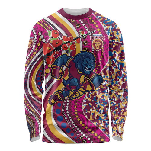 Brisbane Lions ANZAC Day Long Sleeve Shirt Indigenous Poppy Remembrance Lion Warrior