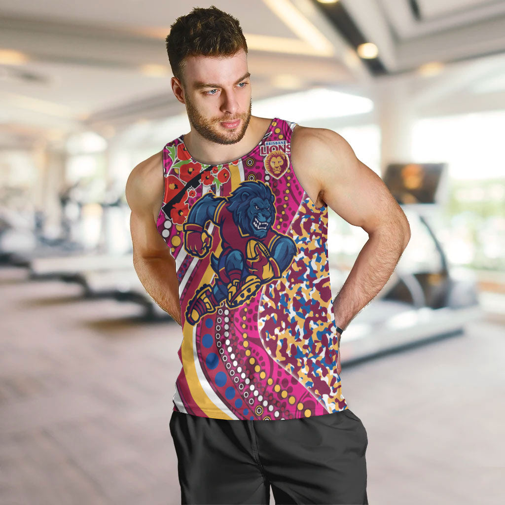 Brisbane Lions ANZAC Day Men Tank Top Indigenous Poppy Remembrance Lion Warrior