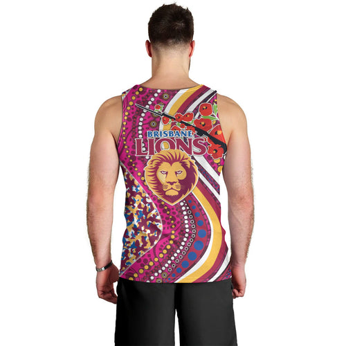 Brisbane Lions ANZAC Day Men Tank Top Indigenous Poppy Remembrance Lion Warrior